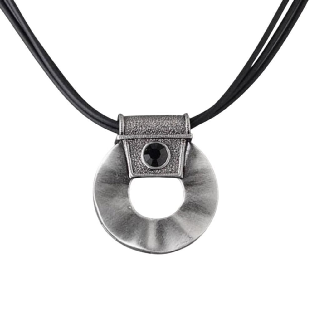 Structural Modernist Black and Silver Pewter Round Wavy Pendant Necklace